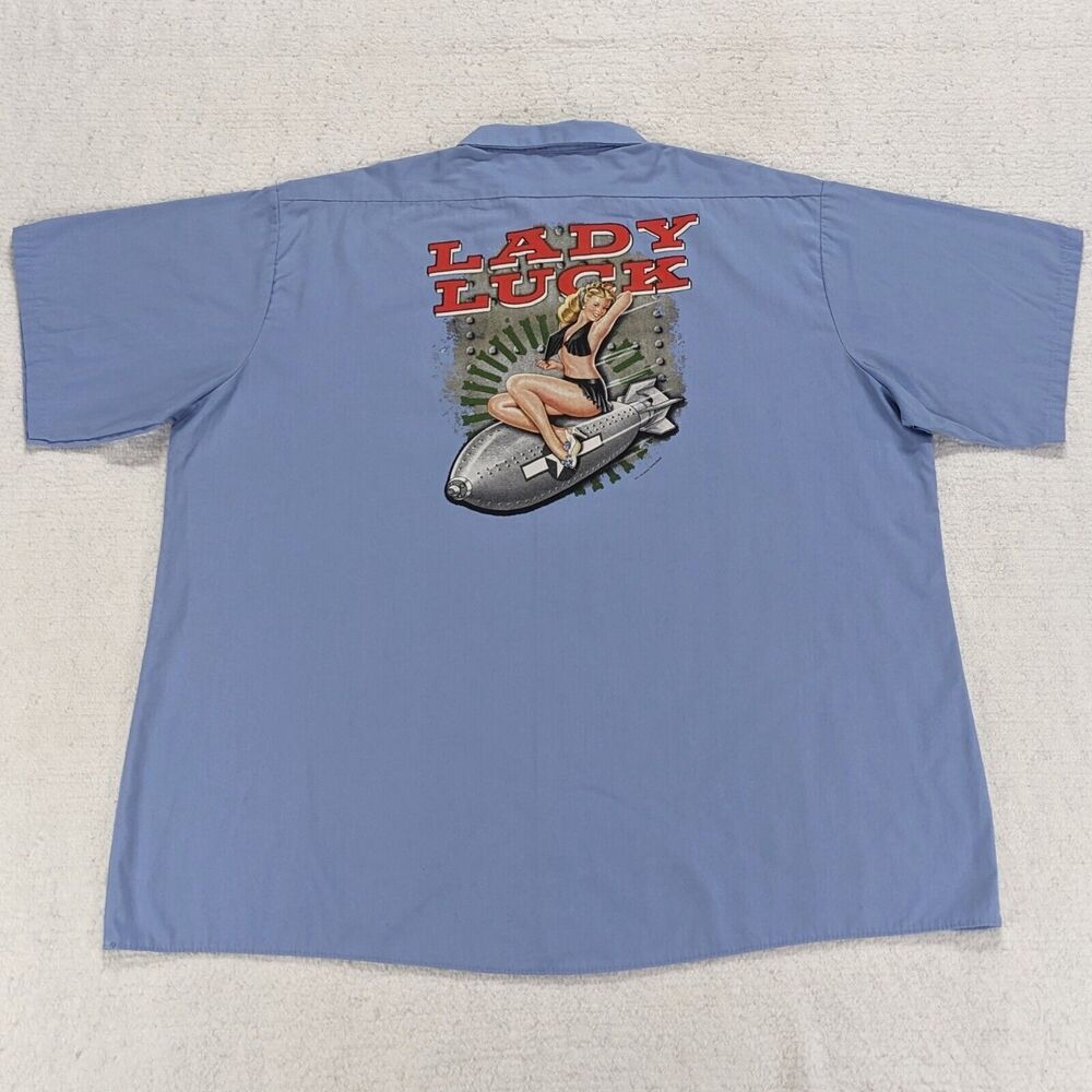 Vtg Busted Wrench Garage Mechanic Shirt Men's 3XL Blue Pin-Up Girl Bomb Graphic